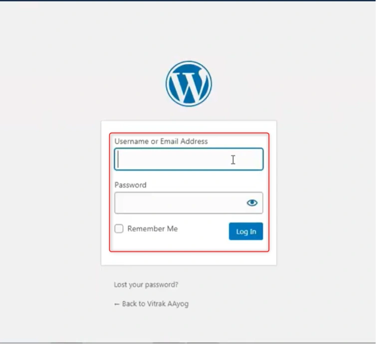 WordPress login screen with fields