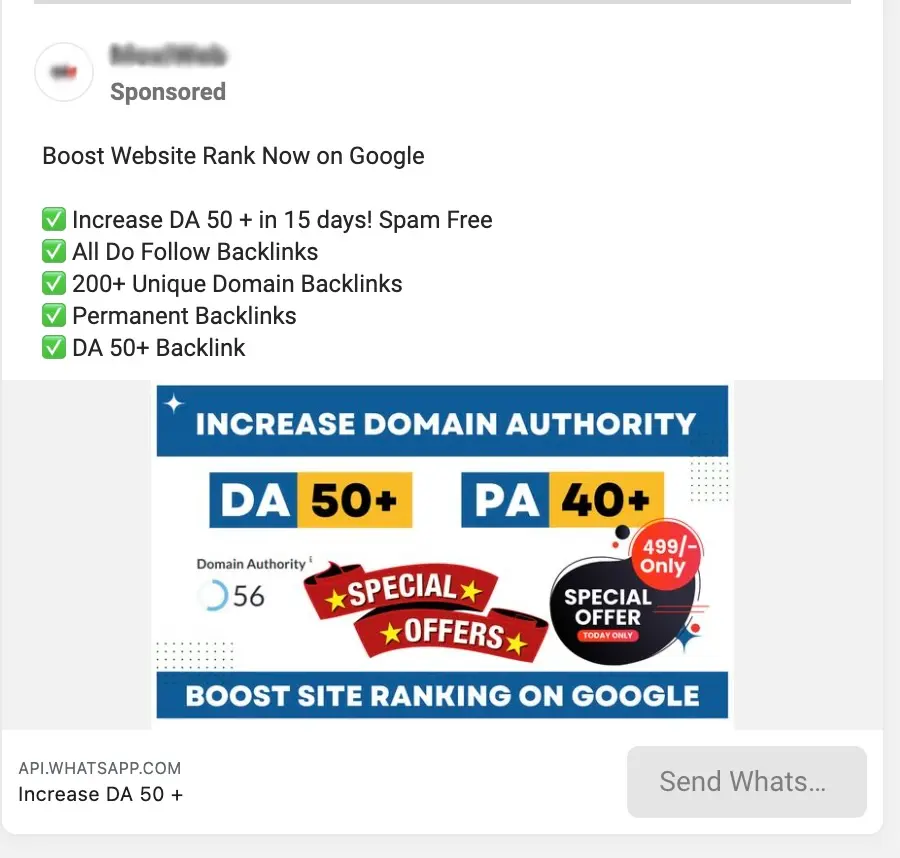 Fake Domain Authority Increasing Facebook Ads screenshot