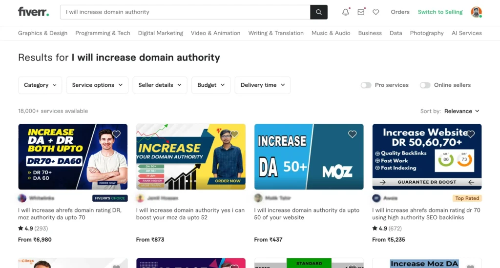 Fake Domain Authority Increasing fiverr screenshot