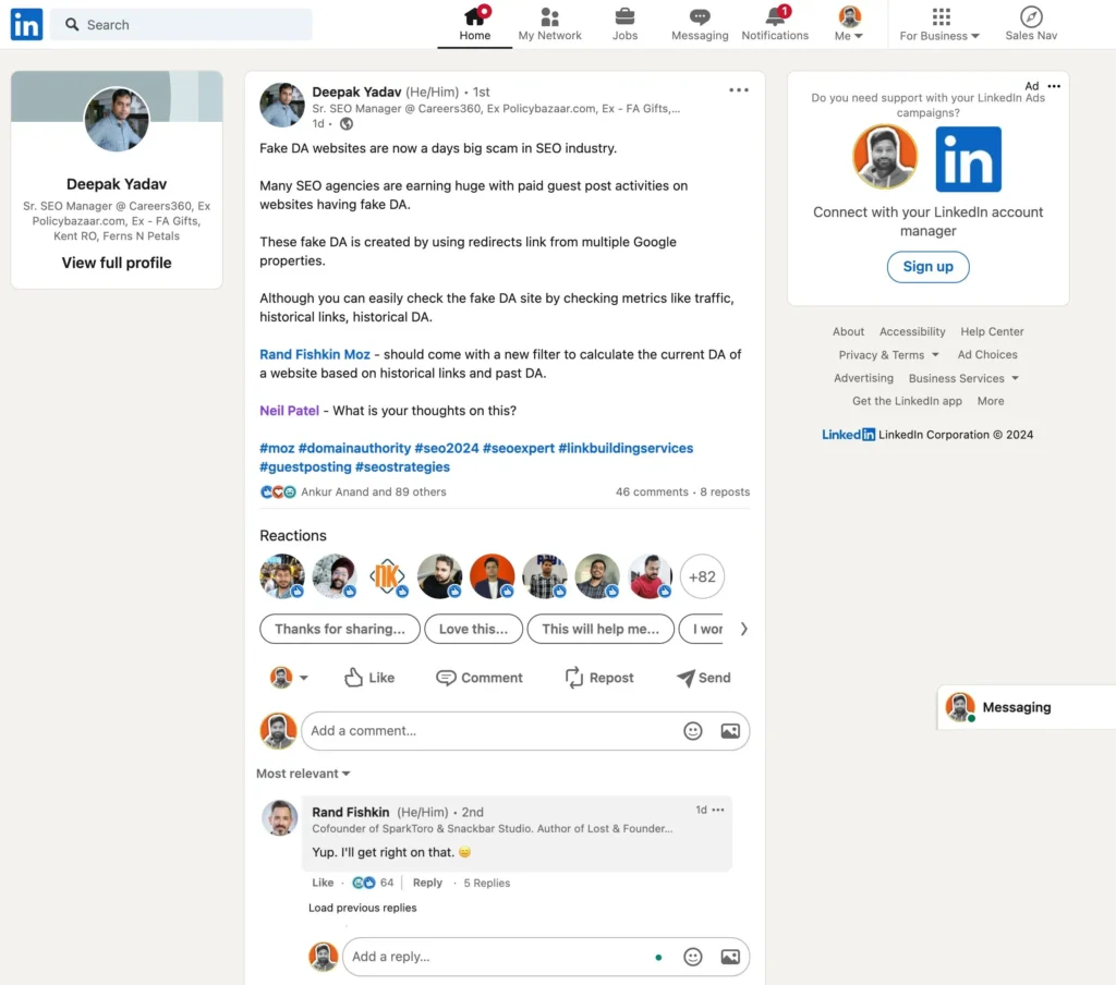 Fake Domain Authority Increasing linkedin proof screenshot
