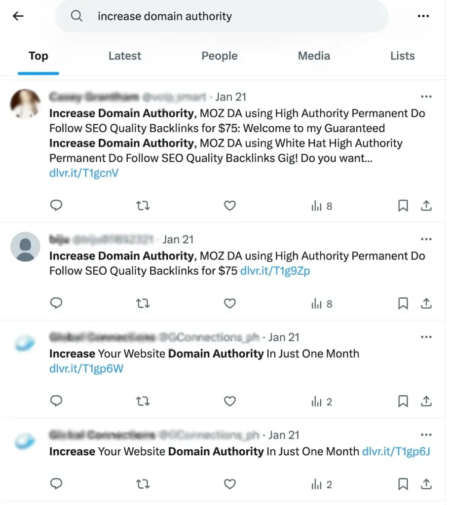 Fake Domain Authority Increasing twitter screenshot