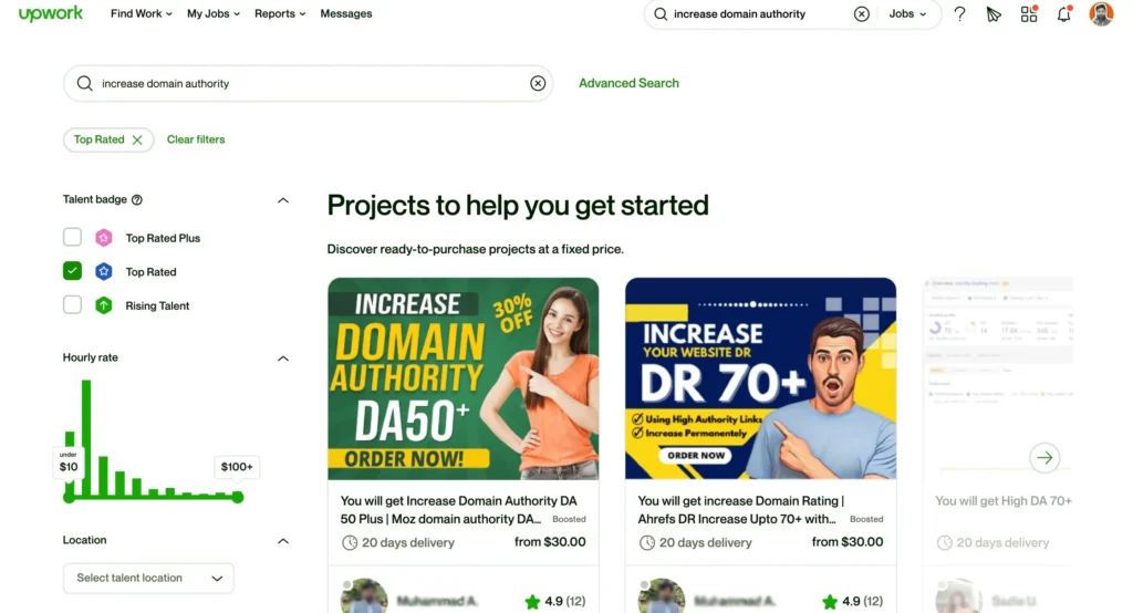 Fake Domain Authority Increasing upwork screenshot