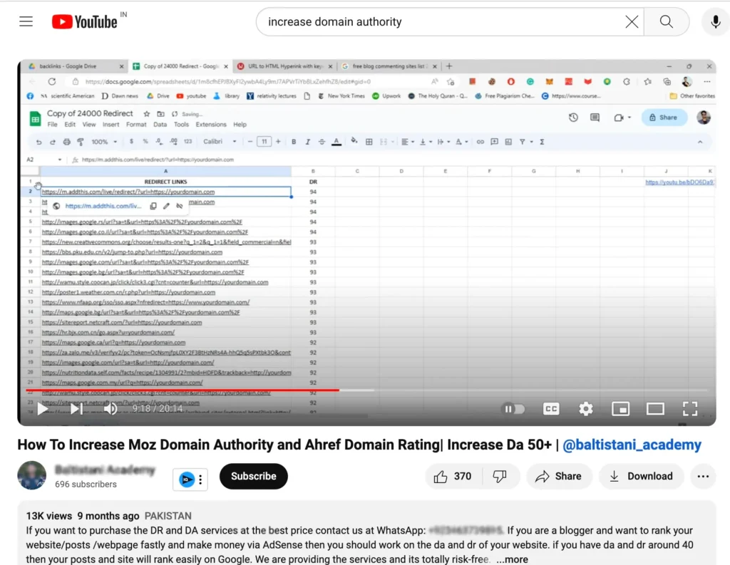 Fake Domain Authority Increasing youtube screenshot